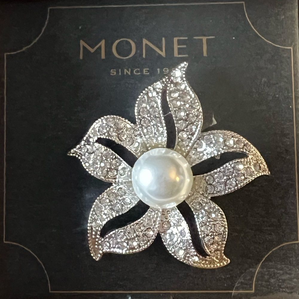 Monet Silver and White Floral Brooch Pin with Faux Pearl and Rhinestones